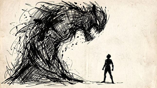 A small silhouette of a person standing before a large looming shadow monster sketch