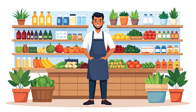 Man wearing blue apron standing inside.