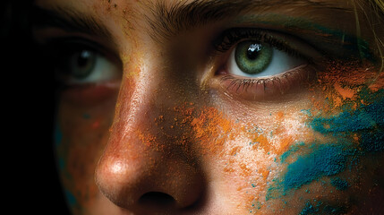 Naklejka premium Close-up of a woman's face with colorful paint on her cheeks and eyes