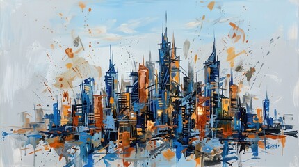 Naklejka premium Abstract painting cityscape background predominantly blue orange majority Spectacular watercolor