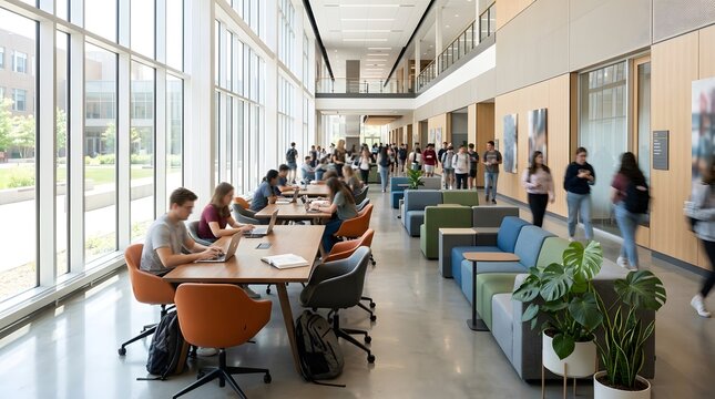 Modern University Campus Hallway Students Studying