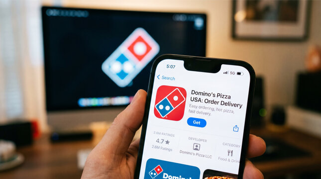 Hand Holding Smartphone with Domino's Pizza USA Order Delivery App on Screen for Mobile Food Service and Fast Food Restaurant Digital E-commerce.