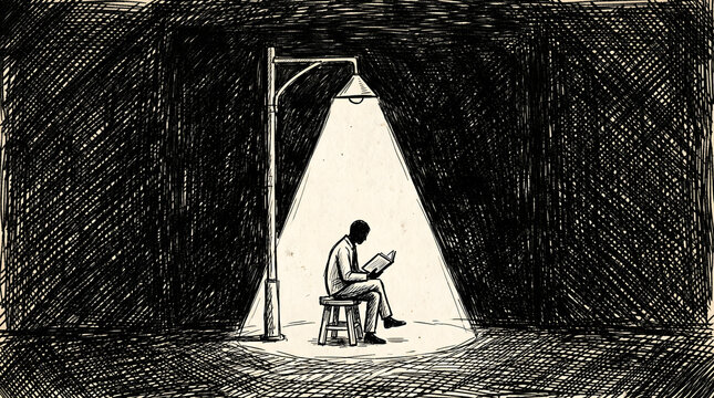 A man sitting on a wooden stool under a street lamp reading a book in the middle of a dark night