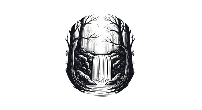 Waterfall in forest illustration drawing.