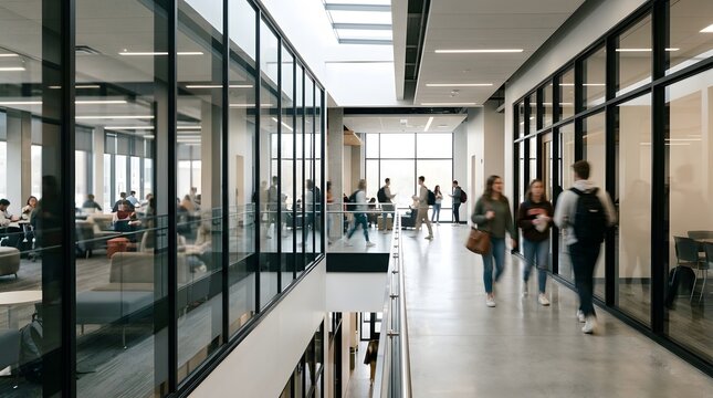 Modern University Building Interior with Students Walking