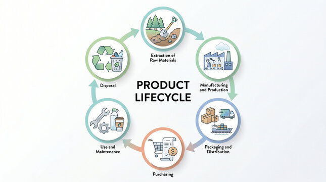 Product lifecycle diagram showing circular stages from raw materials extraction to manufacturing packaging distribution purchasing use maintenance and disposal for sustainable economy.