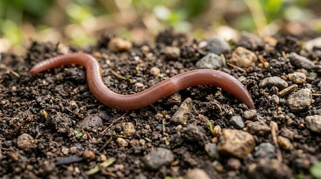 Close-up worm ground is reddish-brown color appears to Two earthworms on wet