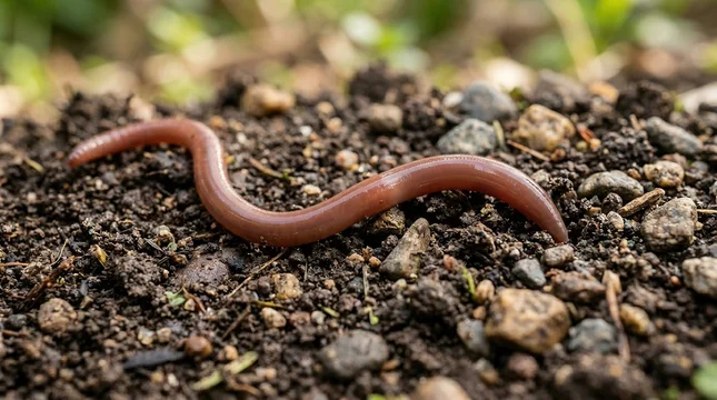 Close-up worm ground is reddish-brown color appears to Two earthworms on wet
