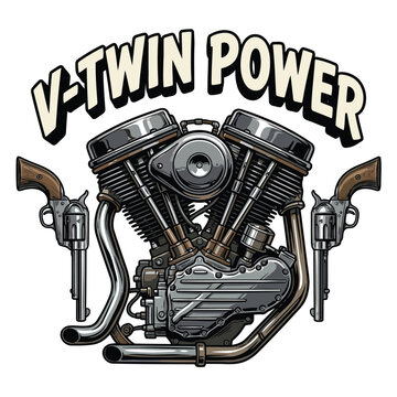 Realistische v-twin and pistol Comic Vector Illustration | V-Twin-Motor und Pistole f&uuml;r T-Shirt-Design