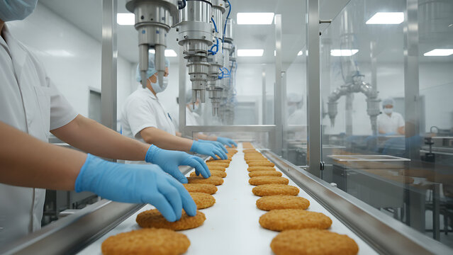 Professional food processing worker hands wearing sterile gloves carefully arrange breaded chicken patties on a conveyor belt in a brightly lit industrial manufacturing facility.