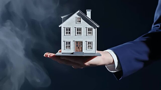 Businessman holding miniature model house in palm of hand. Professional agent presenting property architecture against smoky background. Real estate investment and home insurance concept.