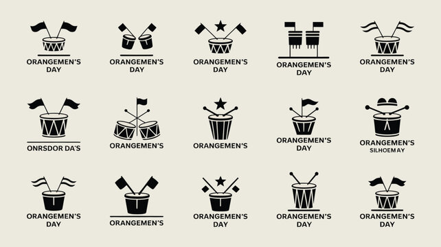 Orangemen's day icons featuring traditional lambeg drums and flags for festival celebration.