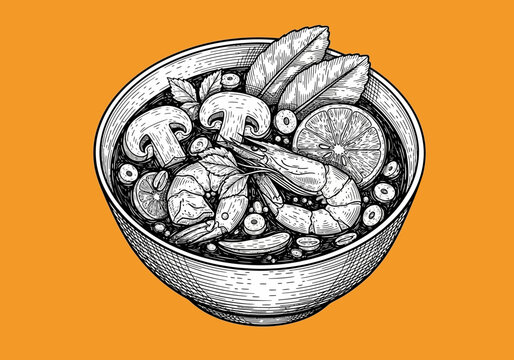Detailed Ink Illustration of a Flavorful Thai Shrimp Soup Bowl