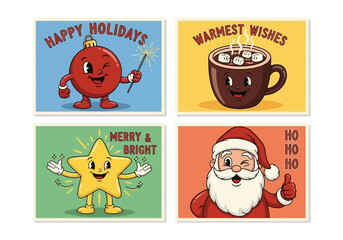 Fototapeta premium Charming Christmas characters including Santa, a star, an ornament, and hot chocolate on vintage cards.
