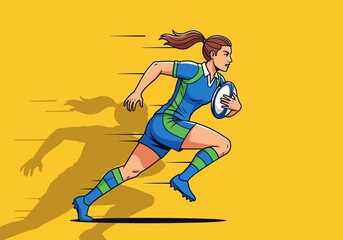 Obraz premium Female rugby player in blue and green uniform running with ball
