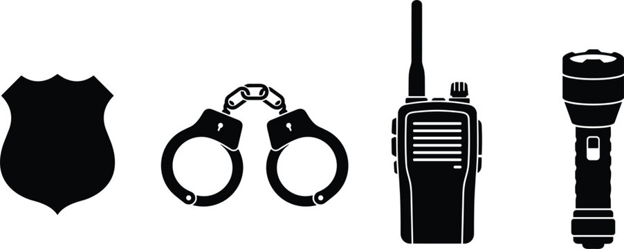 Law Enforcement and Security Guard Equipment Icon Set with Police Badge, Handcuffs, Portable Radio, and Flashlight Silhouettes for Safety Layouts