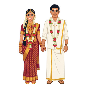 south Indian wedding couple cartoon illustration, wedding cartoon characters bride and groom