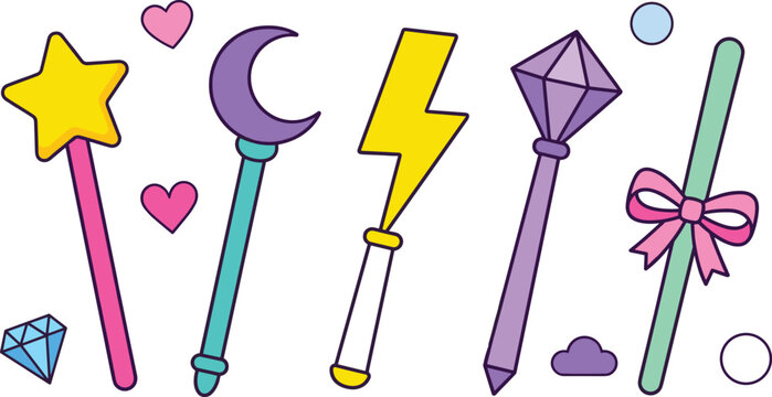 Cute Magical Wand Collection with Star Wand, Moon Scepter, Crystal Staff, Lightning Rod, and Kawaii Fantasy Spellcasting Elements