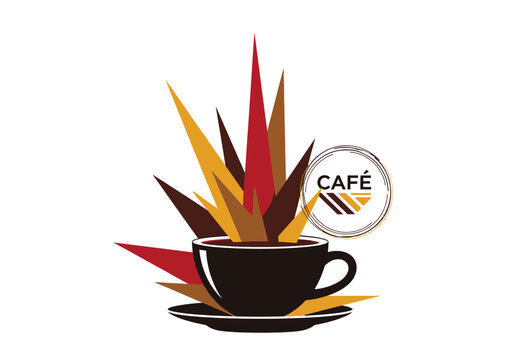 Stylized coffee cup with abstract flame-like elements and a cafe logo