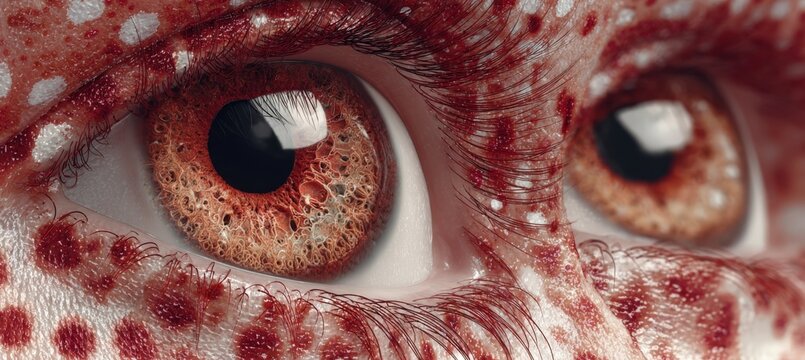Close-up view of human eyes with intricate patterns and textures, showcasing unique coloration and details of the iris and eyelashes against a blurred background