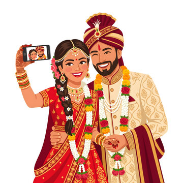 Indian wedding couple cartoon illustration, wedding cartoon characters bride and groom