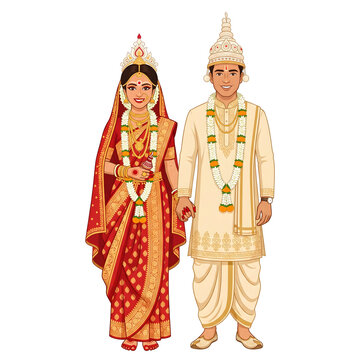 Bengali, Indian wedding couple cartoon illustration, wedding cartoon characters bride and groom