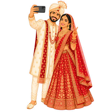 North Indian wedding couple cartoon illustration, wedding cartoon characters bride and groom