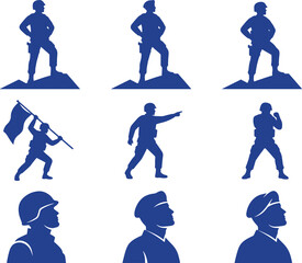 Fototapeta premium Military Soldier Silhouette Collection with Standing Guard, Flag Bearer, Saluting Troops, Combat Personnel, and Armed Forces Icons