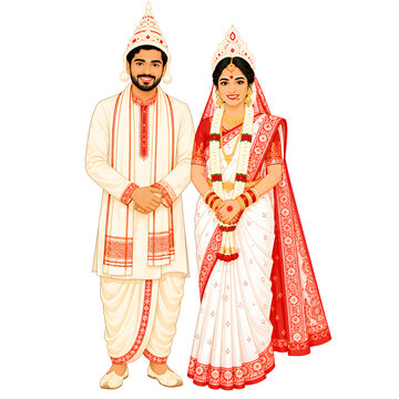 Bengali, Indian wedding couple cartoon illustration, wedding cartoon characters bride and groom