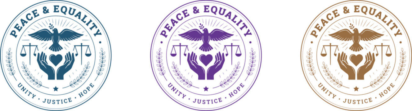Peace and equality logos with dove scales and heart