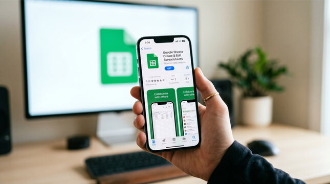 Hand Holding Smartphone with Google Sheets App Store Page Open for Downloading Productivity Software for Business Data Management and Workspace Collab