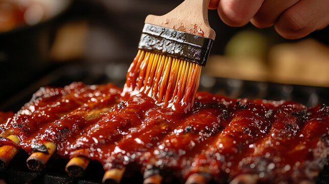 Brushing barbecue sauce on grilled ribs