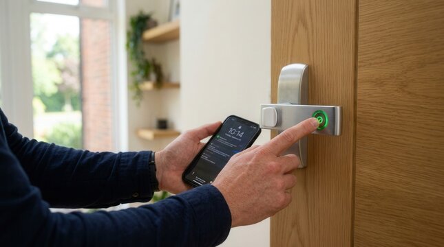 Person hand pressing button door handle is uses smartphone near