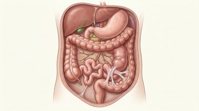 Detailed illustration of the human digestive system and its organs