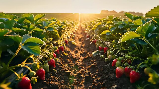 Ripe red strawberries growing in long rows on a commercial farm. Lush green foliage and drip irrigation support the healthy crop. Sustainable agriculture and organic farming concept.