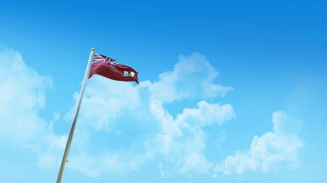 Bermuda Flag 3D Render Animation on Pole with Blue Sky and Clouds - Low Angle View