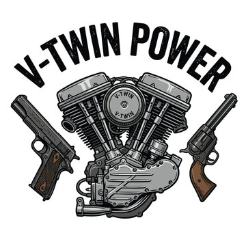 Realistische v-twin and pistol Comic Vector Illustration | V-Twin-Motor und Pistole f&uuml;r T-Shirt-Design