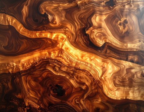 Close-up of a highly figured wood grain with swirling patterns and rich amber tones.