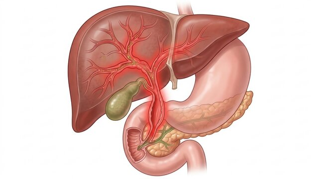 Illustration of the human liver, gallbladder, stomach, and pancreas with inflamed bile ducts