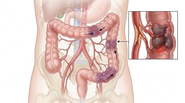Illustration of ischemic colitis showing affected areas of the colon and blood vessel blockage