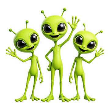 Three cute green cartoon extraterrestrials waving hands as isolated on transparent background