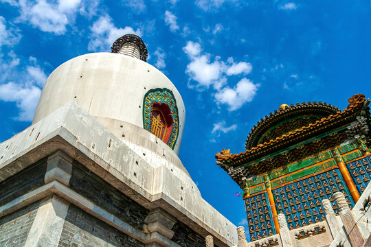 
Beihai Park White Pagoda and Traditional Chinese Architecture under Blue Sky, Beijing, China