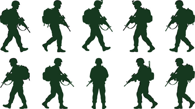 Military Soldier Silhouette Collection with Armed Patrol Troops, Tactical Infantry Operators, Defense Personnel, and Combat Action Poses