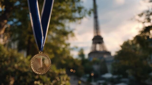 Gold Medal with Blue Ribbon in Paris with Eiffel Tower Background