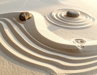 Naklejka premium Zen garden sand patterns with rocks casting shadows.