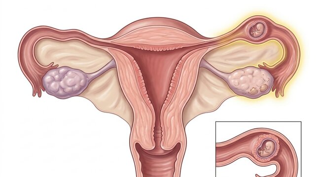 Illustration of ectopic pregnancy showing fetus developing outside the uterus