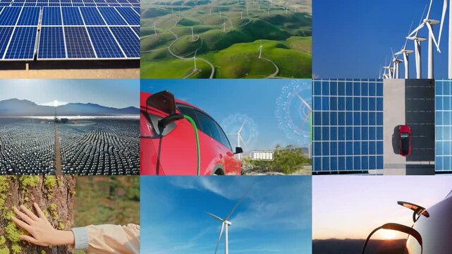 Charging car vehicle with clean electricity. Solar panels and wind turbines Windmill generating green energy. carbon emission. earth ecological ecology. Zoom Out collage multi screen shot. environment