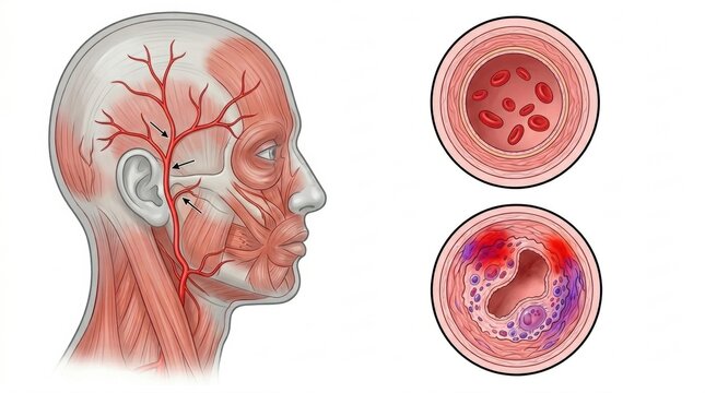 Anatomical illustration of facial arteries and vascular cross-sections