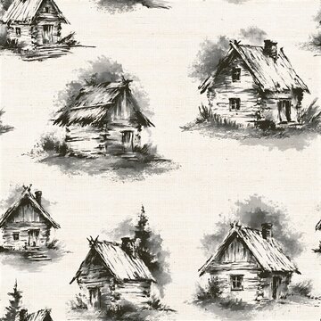 Ink-blob slavic hut seamless pattern on textured background