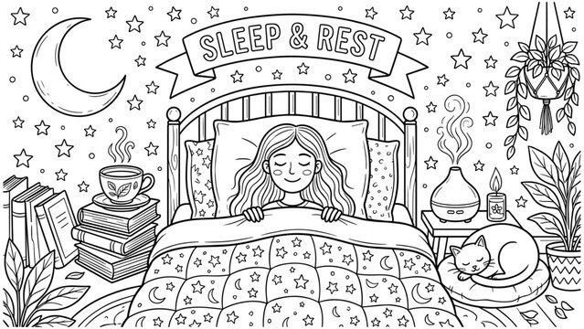 Cozy coloring page for adults and kids featuring a young girl sleeping peacefully in her bed with a sleeping cat plants and a starry moonlit sky